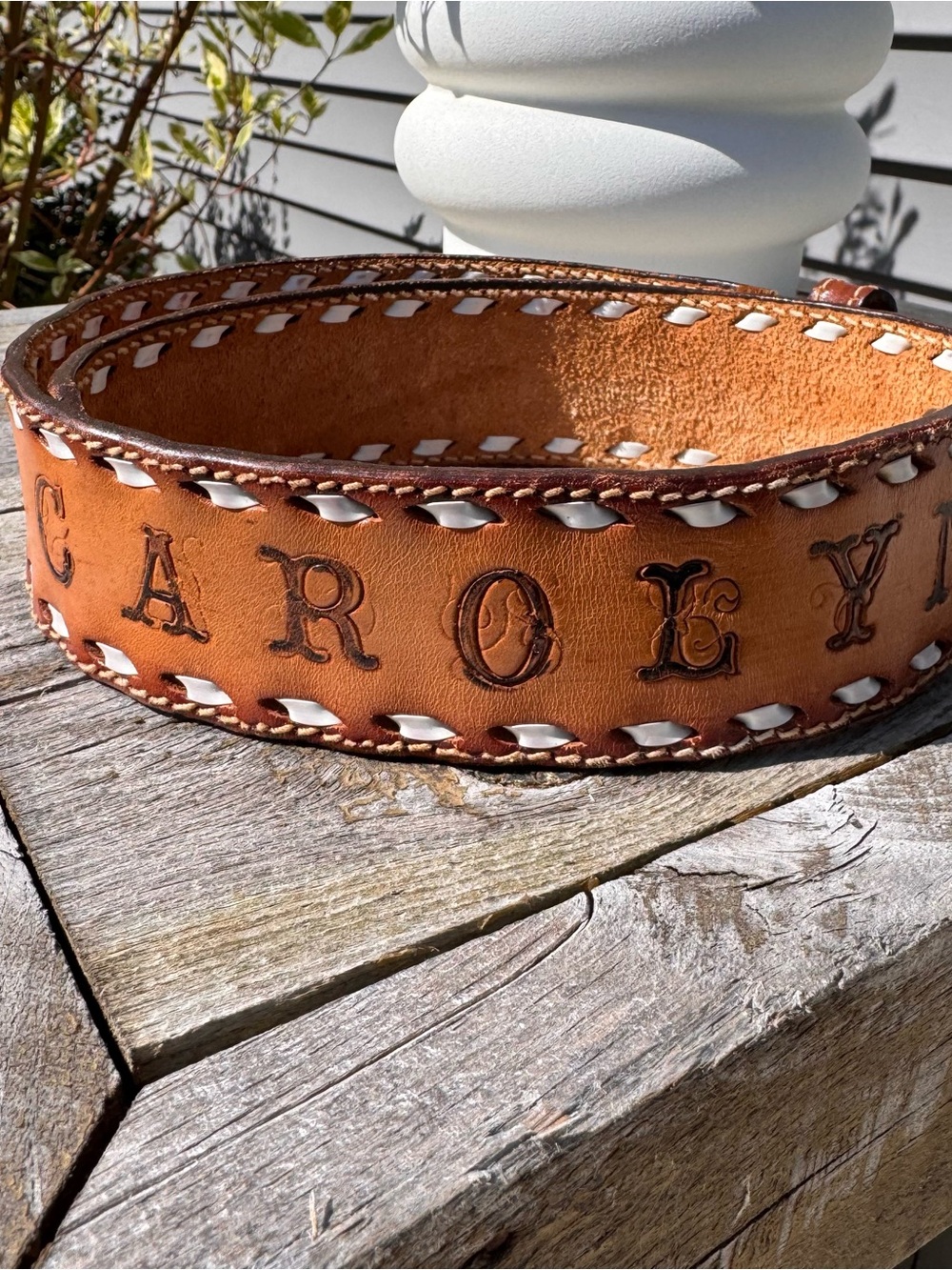 Vintage hand tooled Brown Leather Womens Belt, engraved with “Carolyn”